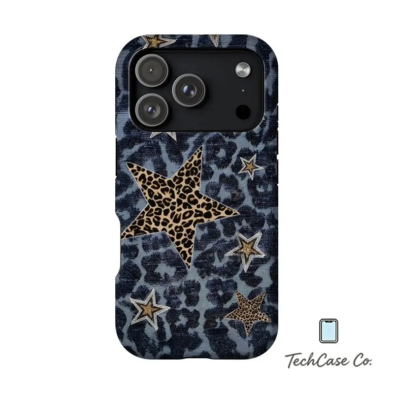 Blue leopard print, leopard print five-pointed star pattern phone cases, suitable for iPhone17 ProMax, 16Pro, 15, 14, 13, double-layer protective cases, smartphone cases