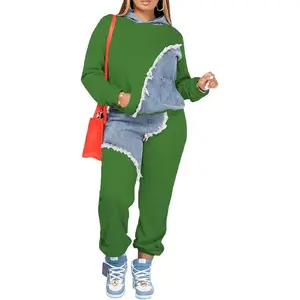 2025 Women’s Two-Piece Outfit – Long-Sleeve Casual Hoodie Sweatshirt and Pants Set with Pockets, Patchwork Denim Tracksuit