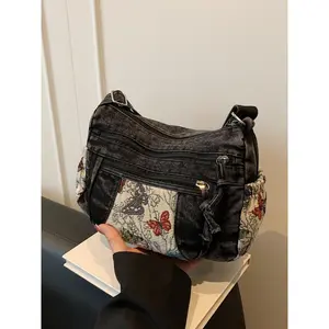 Retro artistic butterfly collage shoulder bag, multifunctional popular Boho Style Crossbody bag, multi zipper pocket design, niche personality daily casual crossbody bag, suitable for daily commuting, shopping, and photography