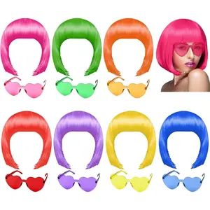 7 count Neon Short Bob Wigs Colored Wigs with 7 count Sunglass, Colorful Party  Wigs Daily Hairpieces for Bachelorette Party Favors Supplies Halloween Costumes