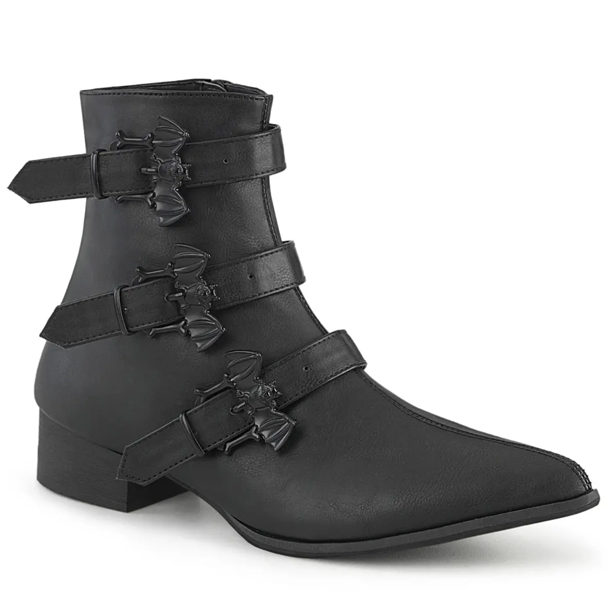 Demonia Men's Warlock-50-B Cuban Heel Round Toe Ankle Boot with Bat Buckle Straps and Inside Zip Closure Demonia Men's Warlock-50-B Cuban Heel Round Toe Ankle Boot with Bat Buckle Straps and Inside Zip Closure