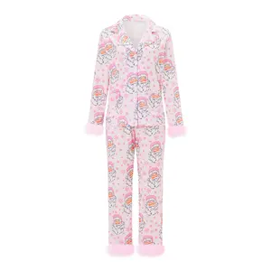 Mommy and Me Matching Pajamas Christmas Feather Trim Pajama Set 2 Piece Shirt Pants Santa Sleepwear Sets for Mother Daughter matching pjs with baby