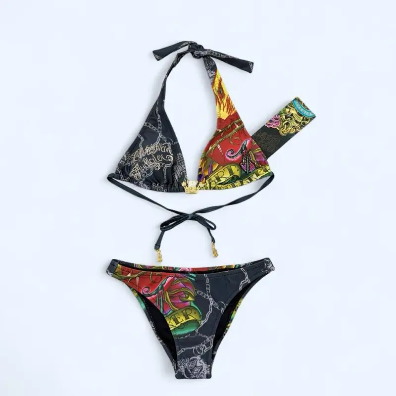 Women's Deadstock Y2K Graphic Tie Back 2-Piece Nylon Fitted Bikini Swimsuit, Size S, Tie Back Bikini