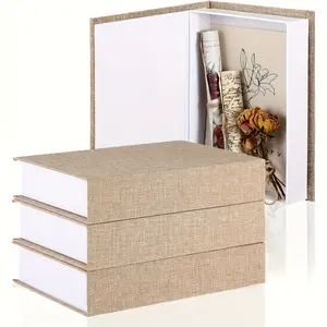 3 Pcs Decorative Book Box Modern Fake Book Storage Box Linen Faux Books for Bookshelf Decoration Coffee Table Book for DIY Crafts(Khaki, 8.6 x 6.1 x 1.8 Inch)