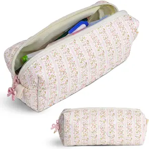 Cute Quilted Pencil Case for Girls Women, Aesthetic Small Floral Pencil Pouch,Slim Soft Pencil Bag for School Supplies Makeup Pouch for School & Daily Use (Floral Stripes)