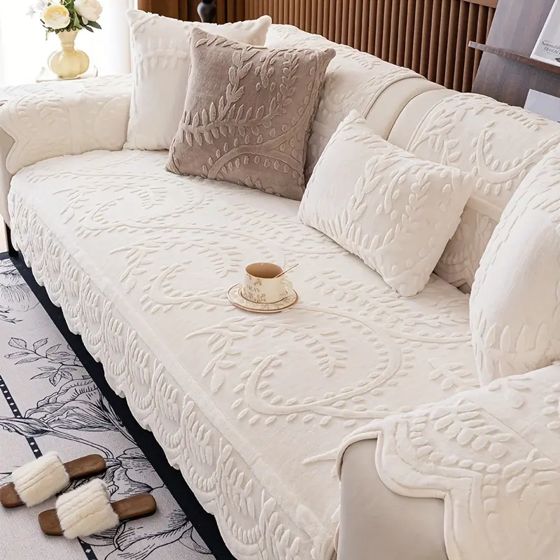 1pc Polyester Thick Faux Rabbit Fur Universal Couch Cover for Sofa - Elegant Beige, Floral & Leaf Patterns, Pet-Friendly, Non-Slip, Machine Washable, All-Seasons, Removable Cushions, Fits 1-4-Seater Sofas, Living Room Use, Sofa Cushion Cover