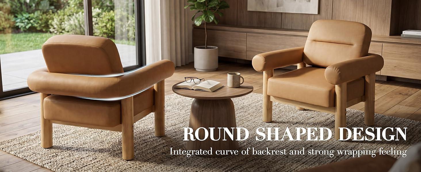 HNY Modern Accent Chair, Faux Leather Barrel Chairs, Comfy Side Arm Chairs with Solid Wood Frame for Living Room,  Aesthetic Room Decor, Light Brown