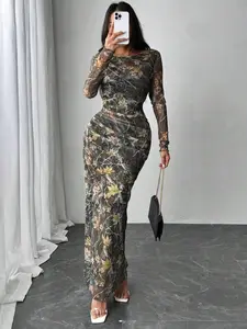 Long Sleeve Oil Painting Print Casual Mesh Floral Dress, Perfect for Parties, Graduation Ceremonies, Dates, Women's Ultra Long Fashion