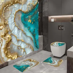 Marble Crack Beach Pattern 4-Piece Bathroom Set Includes Shower Curtain Non-Slip Mat U-Shaped Cushion Toilet Seat Cover with Hooks for Eco-Friendly Bathroom Decor
