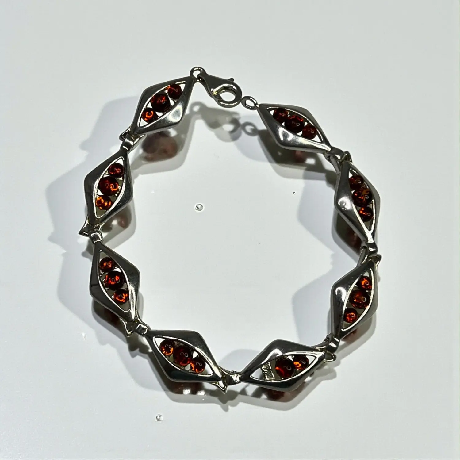Sterling Silver & Cognac Baltic Amber Womens Bracelet Beautiful Fine Jewelry