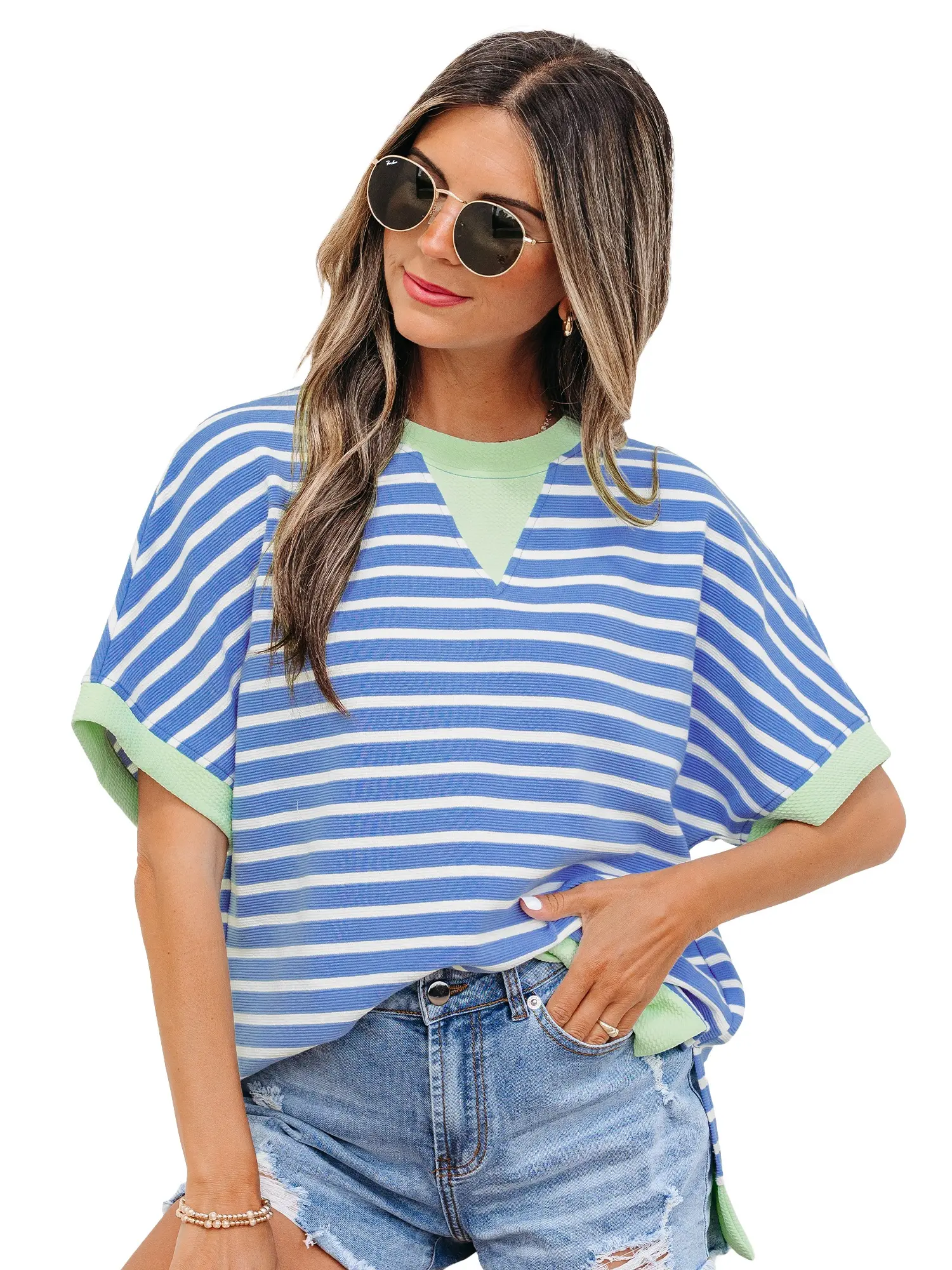 Women's Striped Shortsleeve T-Shirt - Casual Loose-Fit Cotton Blend Summer Top with Contrast Trim, Breathable