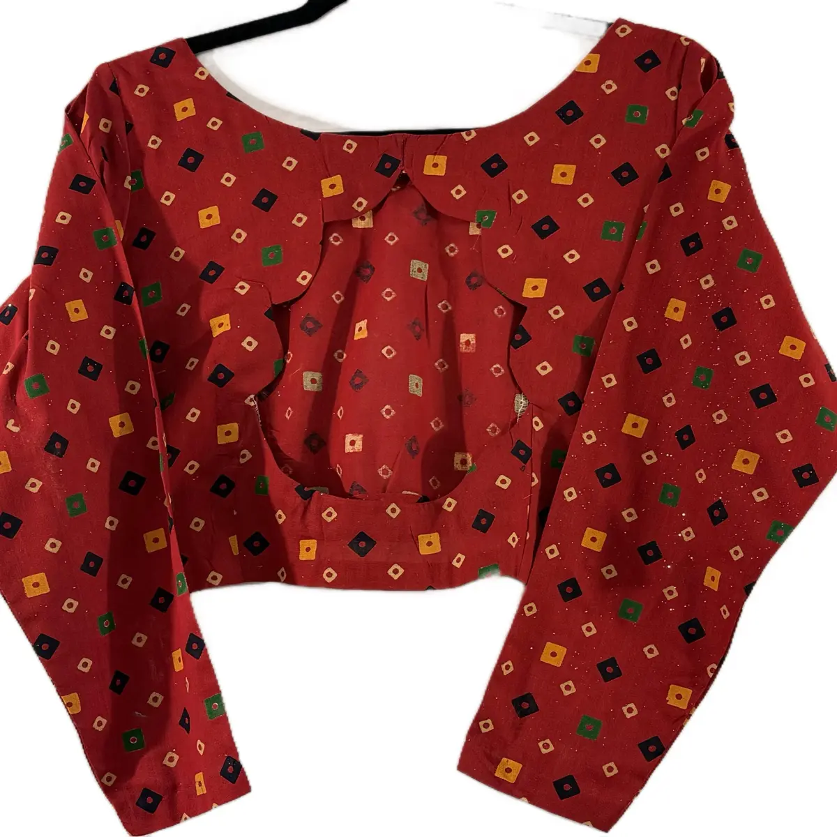 Red Pure Cotton Bandhini Printed Stylish  Blouse with Deep cut back , tasseles ties and stylish Bow