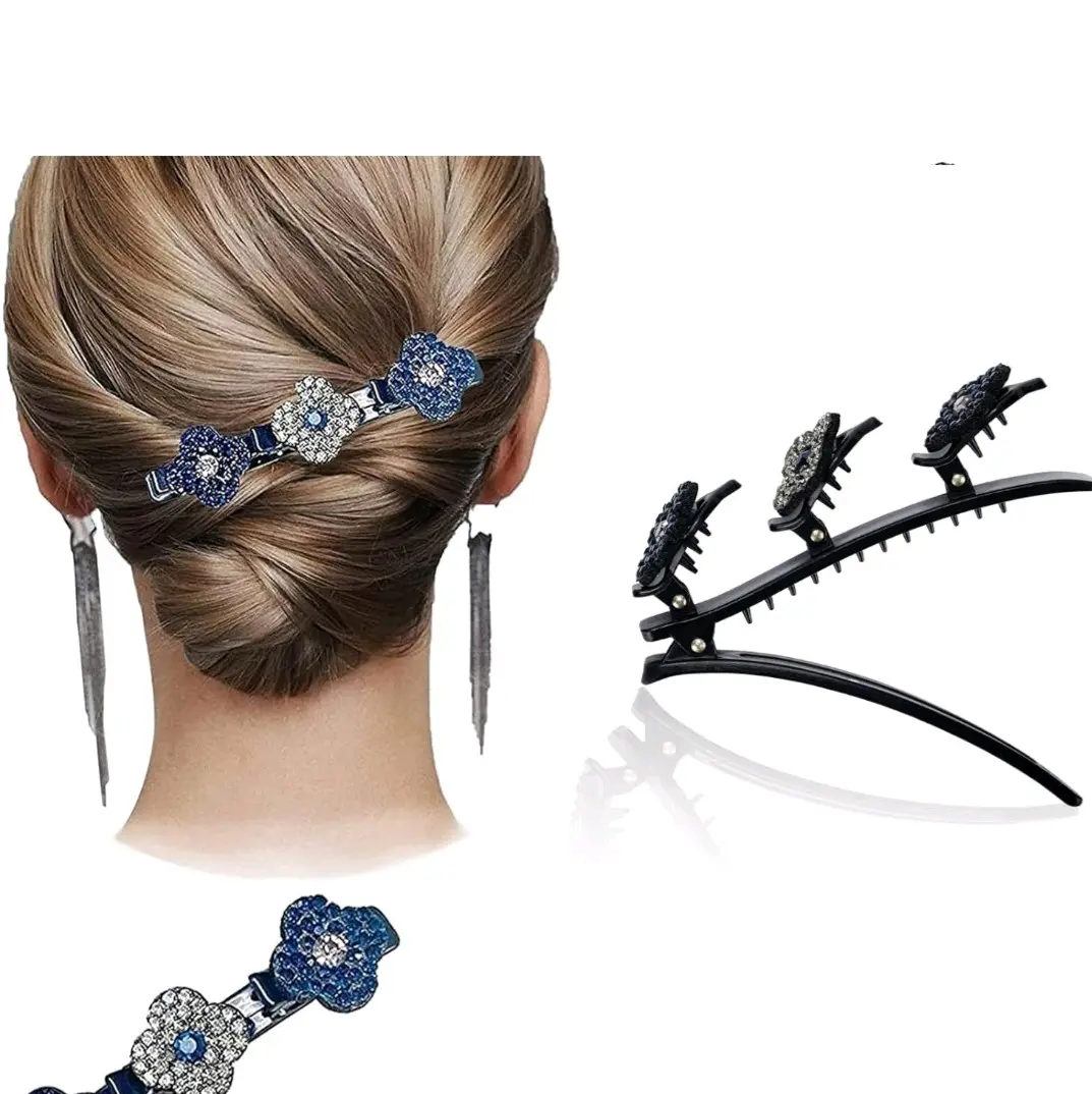 Braided Hair Clips for Women, Sparkling Crystal Stone Braided Hair Clips, Duckbill Hairpin with 3 Small Clips, Rsvelte Braided Hair Clip for Thick and Thin Hair (Pack of 1)