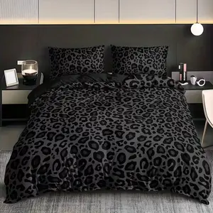 3-piece set of black leopard print bedding, including 1 coreless duvet cover and 2 coreless pillowcases, suitable for single and double beds, with multiple specifications to choose from, suitable for bedrooms, dormitories, and guest rooms