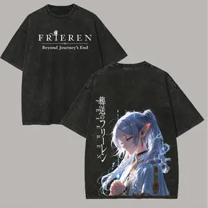 Hot Anime Frieren Beyond Journey's End T-shirt Men's Unisex Clothing Washed Oversized T Shirt High Quality Cotton Tees Tops