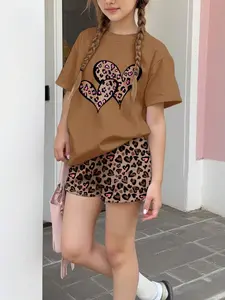 Girls' Casual Leopard Heart Pattern 3D Print Short Sleeve Top and Shorts Set, Summer, Fashion Daily Wear, Matching Outfits Set