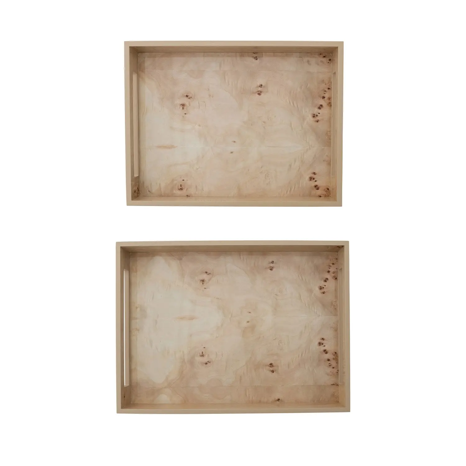Burl Veneer Wooden Serving Tray - Small Rectangular Kitchen Tableware with Built-In Handles, 2 Sizes (16.5" L x 12.5" W), Swirl Grains, Knots, Natural Finish for Entertaining, Coffee Tables