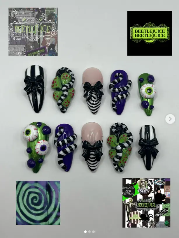 Beetlejuice Inspired Press On Nails, Black White Green Purple Striped Snake Eyeball Halloween Nails, Spooky Gift for Her
