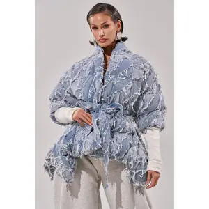 RIB SLEEVE PEPLUM PUFFER IN DENIM