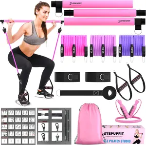 STEPUPFIT Pilates Bar Kit with Resistance Bands Multifunctional Yoga Pilates Bar Heavy-Duty Metal Adjustment Buckle Portable Home Gym for Women
