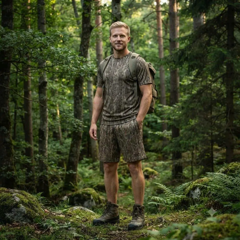 DRAKE Men's Bottomland Camo Hunting T-Shirt & Shorts Set – Lightweight Quick Dry Mossy Oak Camouflage Outdoor Performance Outfit for Hunting, Fishing & Hiking