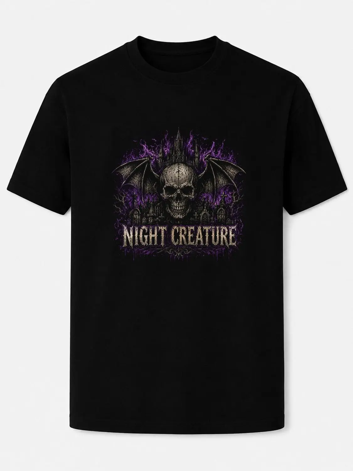 Men's Cotton Graphic Top with Round Neck, Vintage Goth Punk Streetwear with Skeleton, Castle & Purple Flame Print, Retro, Shortsleeve, Casual