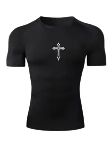 Men's Cross Print Short Sleeve Compression Shirt, Gym Workout Fitness Running Sports T-Shirt Tees, Summer Quick-Dry Breathable Round Neck Shirt, Tight Fit Sportswear Activewear, Athletic Compression Shirts, Gym Top, Fitness Apparel, Fitness Clothes