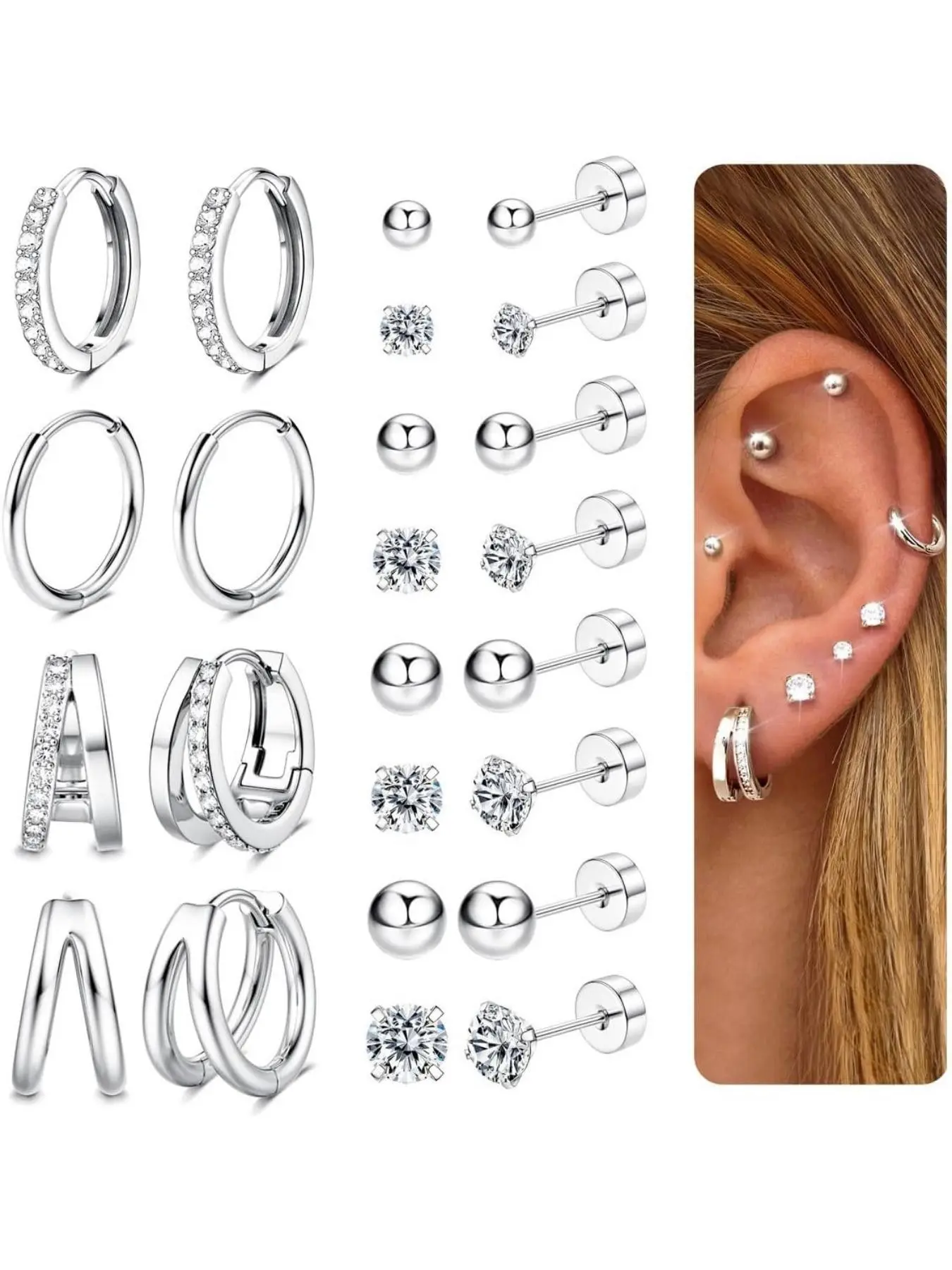 12 Pairs Flat Back Earrings Set for Women & Men, Hypoallergenic Stainless Steel, 14k Hoop Studs, All Seasons Casual Jewelry, Earrings Hoops