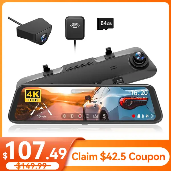 WOLFBOX G850 4K UHD Rearview Mirror Backup Camera Dash Cam with GPS 64GB Card Loop Recording Privacy FathersDayGift Protection 24 Hours Recording
