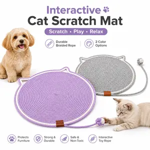 Cat Scratch Mat with Interactive Toy Rope, Round Cat Scratcher Rug for Indoor Cats and Kittens, Pet Play Mat for Scratching, Playing and Lounging, Purple or Gray