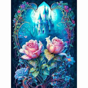 5D Full Drill Diamond Painting Kit - Enchanted Heart Wreath with Pink Roses & Magical Castle, Round Acrylic Diamonds, DIY Art for Home Wall Decor, Ideal Gift for Fairy Tale & Craft Enthusiasts