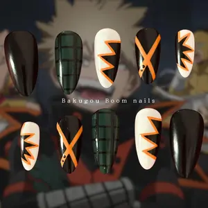 Handmade Anime Bakugou Press On Nails Medium Almond Orange Black Explosion Cosplay Fake Nails