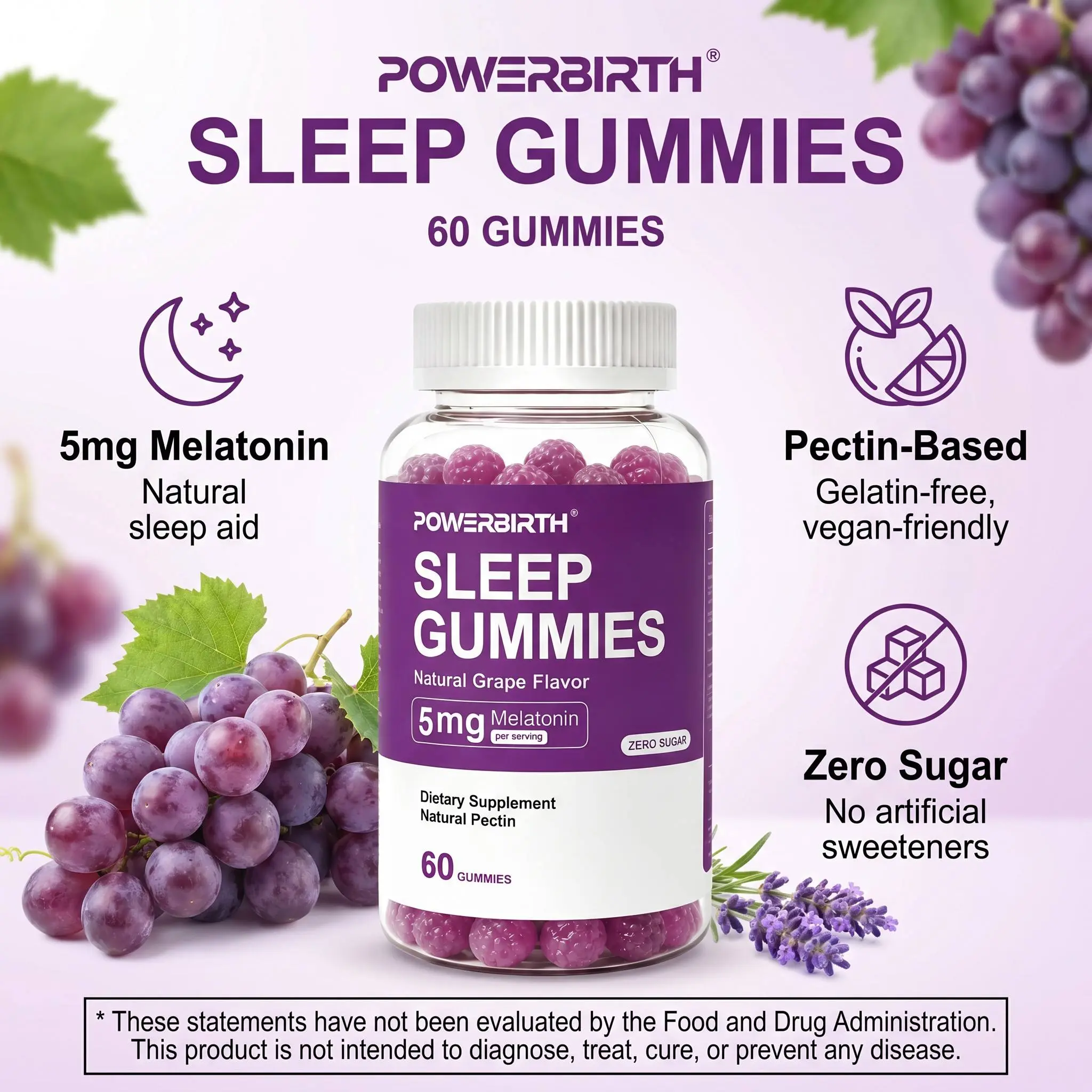 POWERBIRTH — Sleep aid supplement, melatonin gummies, 5 mg melatonin gummies, sleep gummies with L-theanine, natural grape flavor, helps you fall asleep, soy-free, gluten-free, vegan