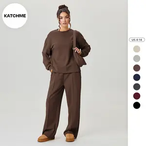 Katch Me Women's Basic Solid Color Loose Long Sleeve Top & Exposed Stitches Trousers Co-ord (B), Lightweight Round Neck Top & Wide Leg Trousers Two Piece Outfits