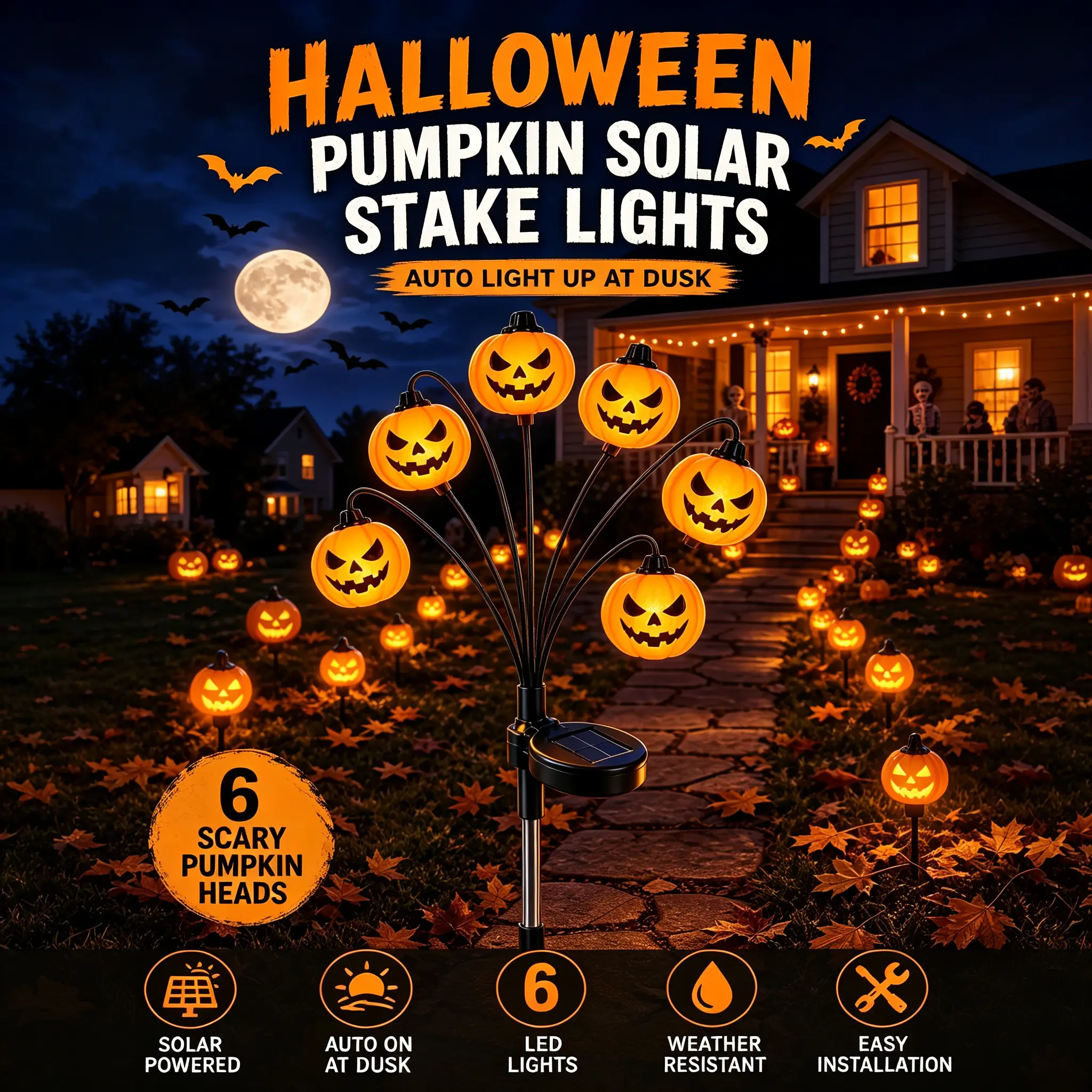 Outdoor Solar Pumpkin Stake Lights for Halloween Decorations, 2/4 Pack with 12/24 LEDs, Auto Dusk-to-Dawn Glow, Dual Mode (Steady & Flashing), IP65 Waterproof, Garden & Pathway Lighting, Home Essentials