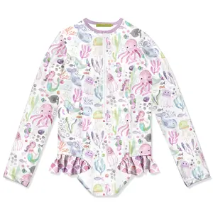 Millie Loves Lily Girls Pink Octopus Sea Zip Front Rash Guard,  UPF 50+