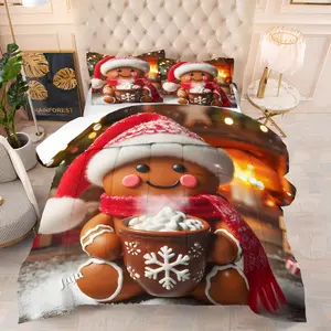 Christmas Cute Gingerbread Man Quilt/Comforter Set (2/3 Pcs) Includes 1 Quilt + 1/2 Pillowcases No Filler Hot Cocoa Snowflake Christmas Decor Patterns Family Bedroom Homestay Apartment Room Study for Kids Couples Family Friends Students Young People