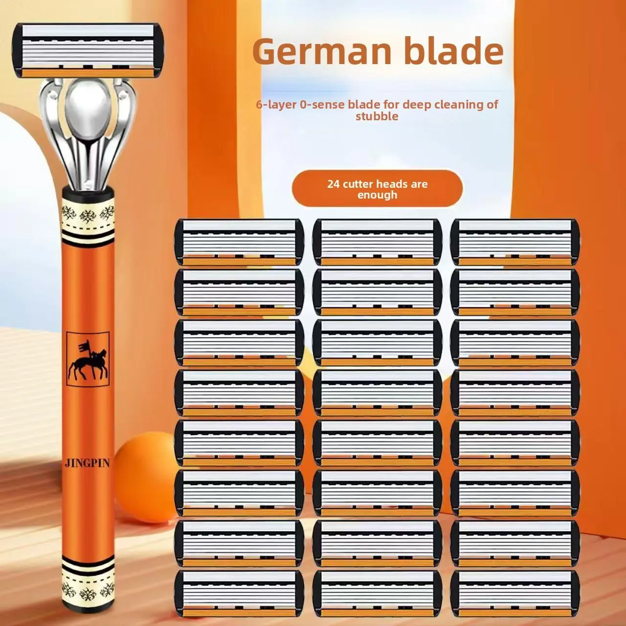 1 Handle + 6 Blades / 1 Handle + 12 Blades / 1 Handle + 24 Blades - 6-Layer "Desert Knight" Men's Manual Razor with Orange Print Handle & Stainless Steel Blades Shaving Razors Manual Shaver, Shaving Tool