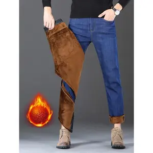 Men'sFleeceLinedThickDenimJeans,LooseFitStraightLegElasticLargeSizeBusinessCasualPants,FashionableWashedJeanStyle