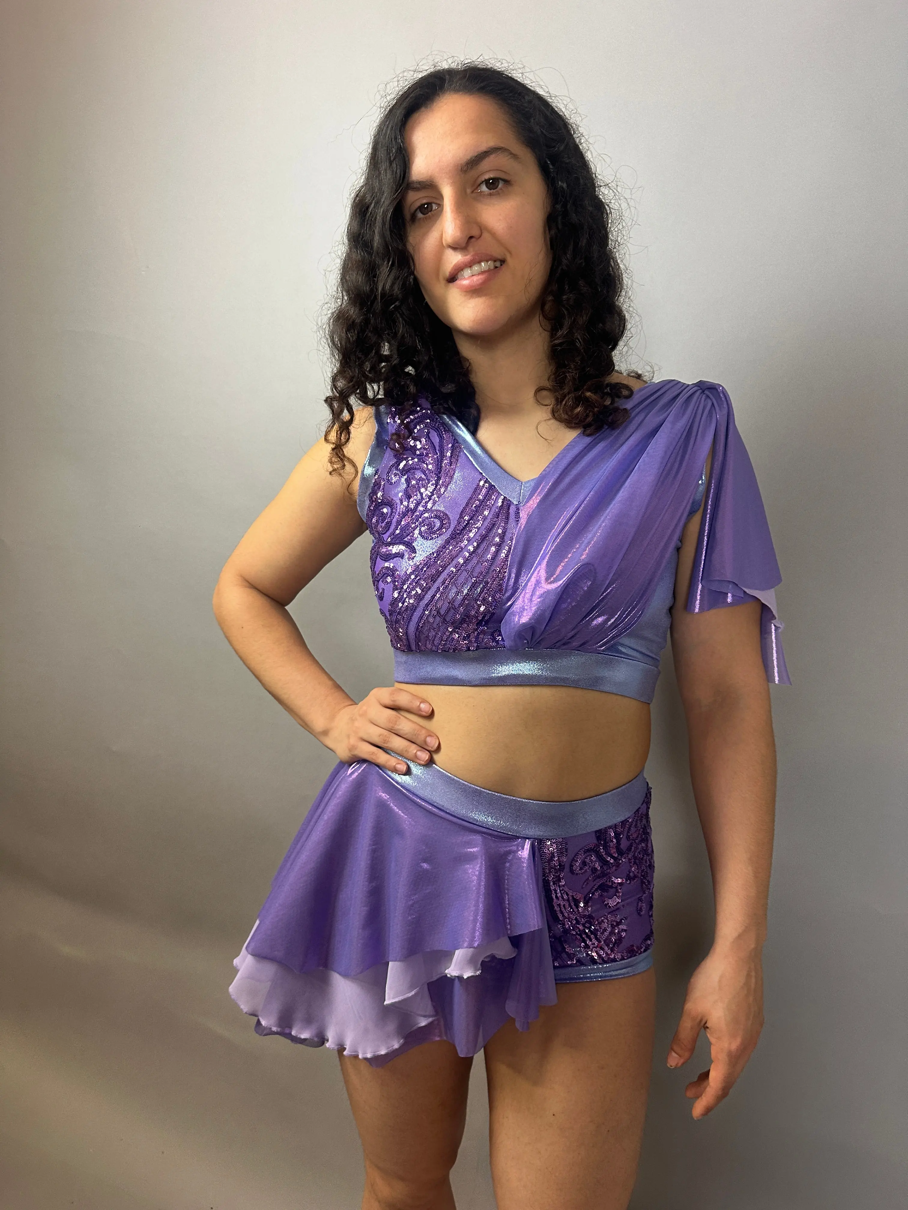 Lavender Purple Sequin Dance Costume, 4-Way Stretch Mesh Crop Top and High Waist Shorts with Half Skirt, Style, Bottom, Elastic, Women
