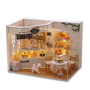 [Cake Diary]Wooden Miniature Doll House 3D Puzzle Assembly Building Model Toys Home Decoration With Furniture LED Lights Toy Xmas Gifts