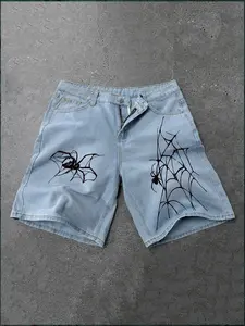 Men's Spider Web Print Denim Shorts, Y2K Gothic Street Style, Hip Hop Casual Loose Fit, Summer Daily Wear, Graphic Pattern