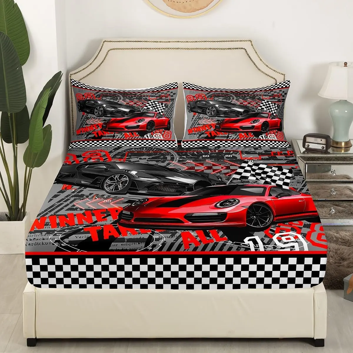 Sports Car Bedding Set Cool Racing Car Bed Set Bedroom Decor Extreme Sports Fitted Sheet Soft Black White Grid Bed Cover(1 Fitted Sheet+1 ) No Flat Sheet