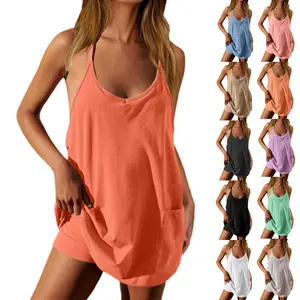 【US Shipping】Women's Summer Mini Dress Pajama Dress with Shorts Sleeveless Casual Athletic Dresses
