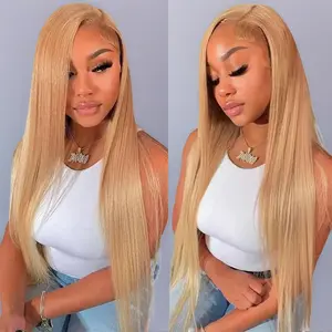 [Blend]180% Density Blend Human Hair #27 Honey Blonde Straight Lace Front Wigs 26 Inch Pre plucked 13X6 HD Lace Frontal Middle Part For Women Natural Hairline