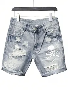 Men's Regular Fit Skull Print Distressed Denim Shorts, Casual Comfy Distressed Jean Shorts for Summer, Fashion Men's Bottoms for Daily Wear, Cotton, Casual Ripped Shorts, Distressed Jeans Shorts