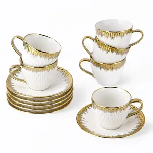 Cups and Saucers with Golden Trim, Golden Accents, Set of 6 Tea Cups for Tea Parties, 220ml Ceramic Material Cup for Coffee, Cappuccino, Latte, Espresso, Elegant Ripple Design for Kitchen Decor, Gifts for Coffee Lovers