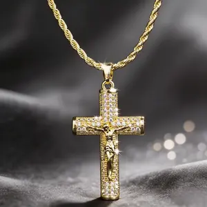 14K Real Gold Plated Crucifix Cuerda Cross Necklace 24 Inch 6mm Hand Polished Electroplated Unisex Street Hip Hop Religious Faith Pendant Mother’s Day Gift,Unisex Hip Hop Religious Daily Jesus Gold-Plated tarnish proof jewelry emo accessories men's