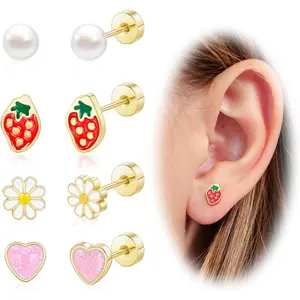 Hypoallergenic 14k Real Gold Plated Surgical Steel Stud Earrings Set for Girls Toddler Kids Baby, Cute Flatback Screw Back Earrings with Pearl Flower Pink Heart Strawberry