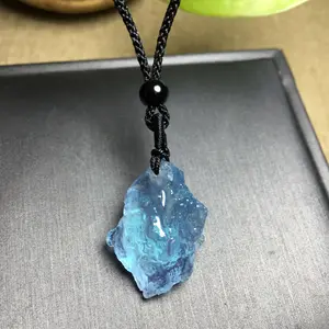 Natural Raw Aquamarine Blue Crystal Pendant Healing Reiki Chakra Amulet Women Men Crystal Adjustable Necklace Gift
